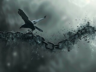 Obraz premium A symbolic image of a broken slave collar transforming into a bird taking flight, representing the journey from slavery to freedom.