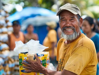A heartwarming image of a group of volunteers distributing food and supplies to victims of a natural disaster.