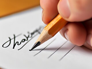 A close-up photo of a hand holding a pencil writing a thank-you note to a charity organization.