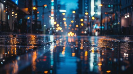 A city street at night, rain reflecting the vibrant lights of the buildings.