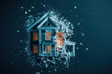 Conceptual art of a house breaking into digital fragments, with copy space