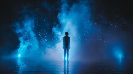 A lone figure stands in a mystical blue haze, illuminated by glowing orbs. The atmosphere is ethereal and mysterious.