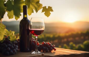 Scenic vineyard sunset with a bottle and glass of red wine, surrounded by fresh grapes. Perfect for wine enthusiasts and nature lovers.