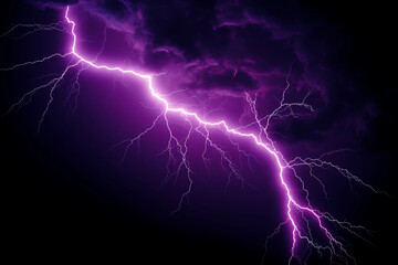 Vivid purple lightning bolt striking against a dark stormy sky, showcasing nature's powerful and electrifying display during a thunderstorm.