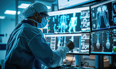Medical professional analyzing x ray images on multiple monitors in a modern hospital operating room