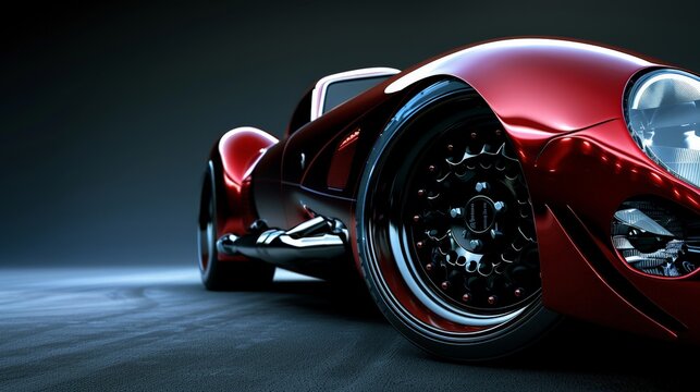 A close-up of a sleek, red sports car with black wheels, highlighting its powerful design and speed.