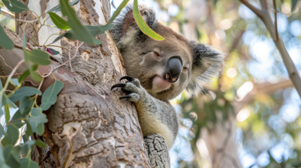 Obraz premium Koala resting on eucalyptus tree in natural habitat, close-up view