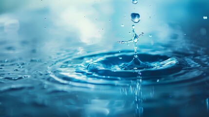 A single water drop creates ripples and a splash as it falls into a still pool.