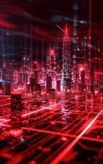 Fototapeta premium White and red background with holographic 3D cityscapes, glowing neon grids, and tech interfaces, futuristic and hightech, 3D rendering
