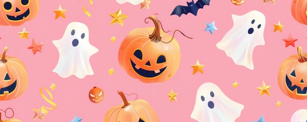 Naklejka premium Cute Halloween pattern with smiling pumpkins, friendly ghosts, and colorful stars on a pink background