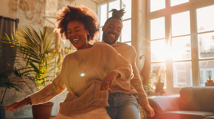 a detailed image of an LGBTQ+ couple dancing together in a sunlit living room, their joyful expressions illuminated by the natural light, authentic moments, unique experiences, per