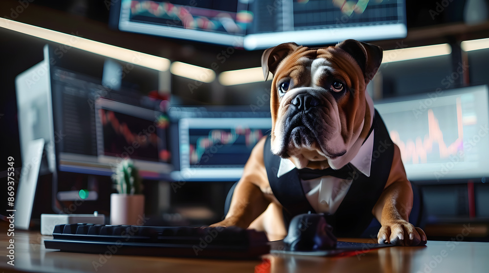 Sticker a realistic bulldog at his desk in front of his screen, posing like a business person dominating the