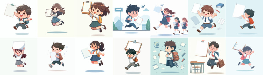 vector set of school kid jumping happily while carrying blank paper