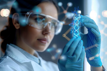 Female scientist in a laboratory. Concept image representing DNA, gene research and biotechnology.