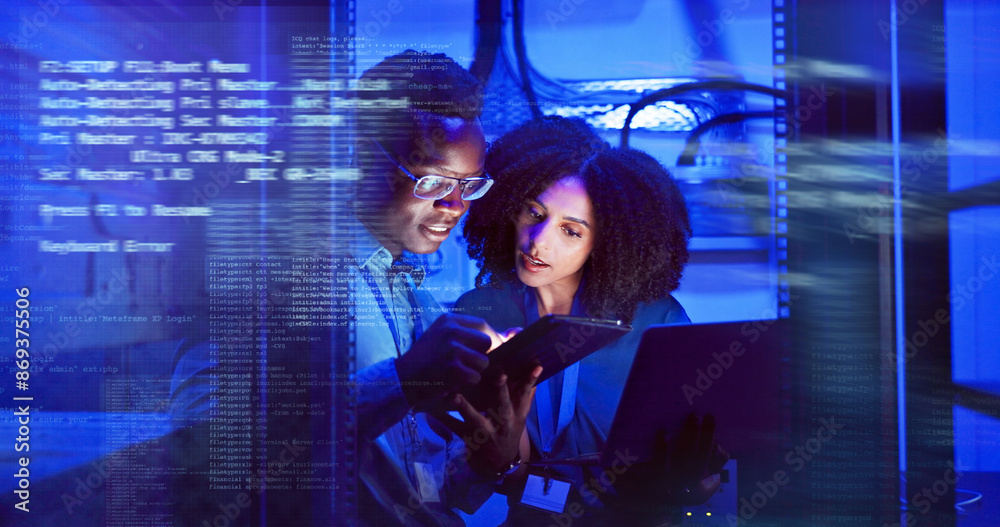 Aufkleber Man, woman and tablet with overlay for technology, maintenance in dark data center or software code. Teamwork, digital information and cloud computing with app, network programming or problem solving