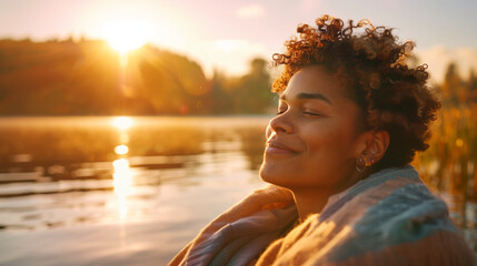 Fototapeta premium a close-up image of an LGBTQ+ person enjoying a quiet moment by a lake, their serene expression highlighted by the late afternoon sun, authentic moments, unique experiences, person