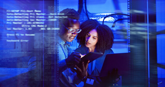 Man, woman and tablet with overlay for technology, maintenance in dark data center or software code. Teamwork, digital information and cloud computing with app, network programming or problem solving