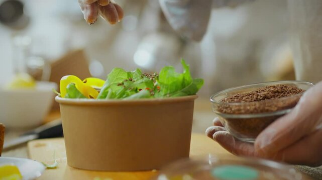 Package. A warehouse worker responsibly packs a takeaway food order in a finished goods warehouse. Warehouse employee collects fresh salads in disposable containers demonstrating a world without waste