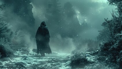Fototapeta premium Solitary Figure in a Misty, Snow-Covered Landscape