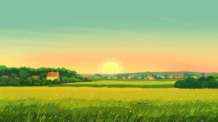 Country Land. Beautiful Countryside with Green Field and Village at Sunset