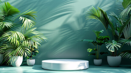 Obraz premium 3D render of a minimal summer podium display with geometric shapes and tropical elements on a white background