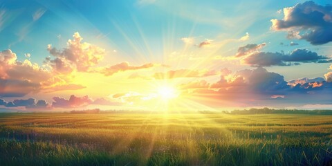 Farm Field Background. Stunning Sunrise Over Field with Blue Sky