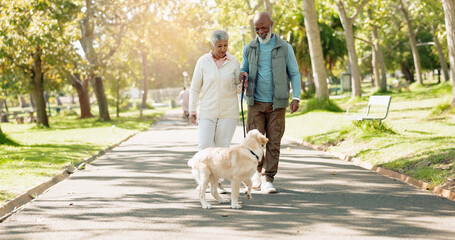 Love, senior couple and dog walking in park together for exercise, health and outdoor wellness....