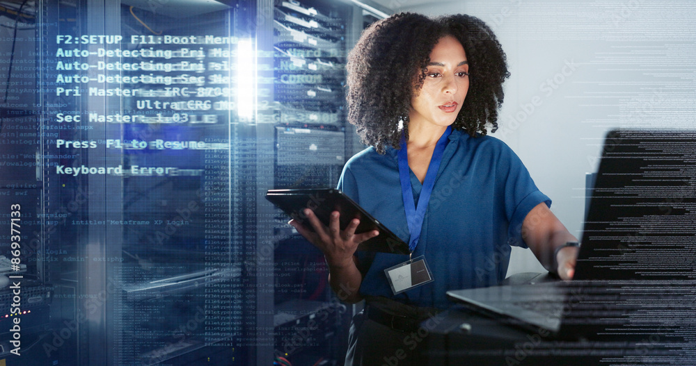 Fototapete Server room, woman or overlay with laptop for coding, system update or cybersecurity. Software inspection, programer or IT engineer with tablet for problem solving, troubleshooting or data analytics