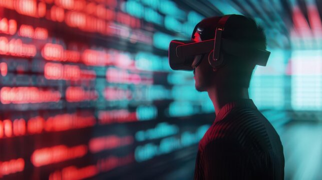 Analyst in VR headset interacting with holographic financial charts, scifi, neon lights, digital painting - Powered by Adobe