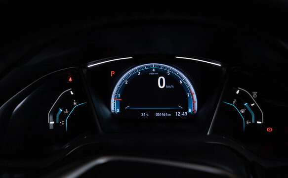 Car​ dashboard​ modern .Empty car fuel gauge Fuel tank gauge indicator on the dashboard Accumulated distance on the car dashboard Digital speedometer.