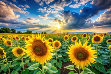 Obraz premium Sunflowers Blooming Under Clear Blue Sky in a Vast Field