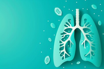 World Lung Cancer Day. paper cut of lungs with cancer cells on turquoise background. World Cancer Day concept, isolated on pastel green blue color background.