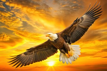 Obraz premium Majestic Bald Eagle Soaring at Sunset with Dramatic Sky