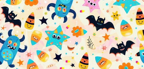 Cute Halloween pattern with friendly monsters, candy corn, and colorful stars on a pastel background