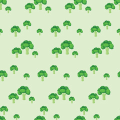 Seamless pattern with broccoli in flat style on light green Vector illustration