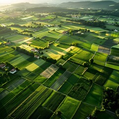 A vast farmland covers 3/4 of the image, with the remaining 1/4 showing a small village, bright daylight, rural life
