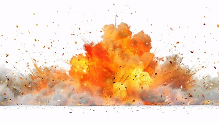 Border of a dramatic explosion with flames and smoke on white.