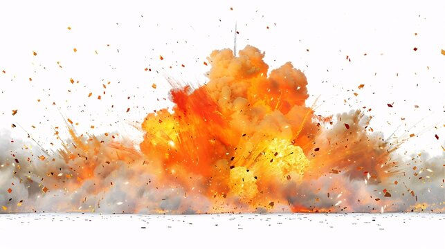 Border of a dramatic explosion with flames and smoke on white.
