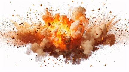Dynamic explosion frame with bright flames and smoke, isolated on white.