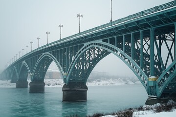 Obraz premium A cold, overcast winter setting revealing a snowy landscape with an imposing steel blue bridge with arch designs
