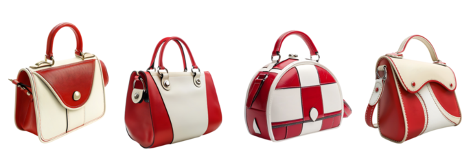 Set of Stylish Red and White Handbags in Various Unique Designs isolated on a white background