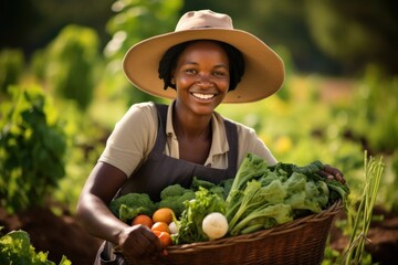 Female farmer smiling with bunch of vegetables in basket gardening outdoors adult.
