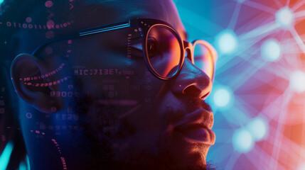 portrait of a man. side profile portrait of an black male with a red tech pattern overlay, portraying a cyber security analyst of artificial intelligence and the future of ai