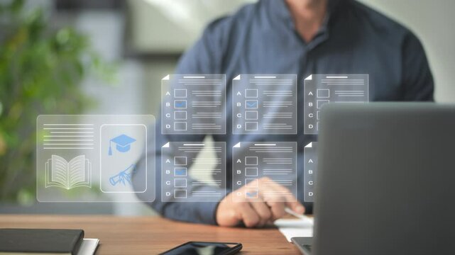 male student passes online graduation test,gets exam certification,man sitting at home using computer filling questionnaire,answer questions,internet learning education,examination