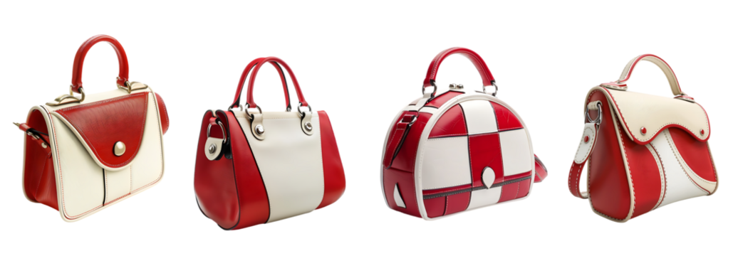 Set of Stylish Red and White Handbags in Various Unique Designs isolated on a white background