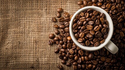 Coffee Beans in a White Cup on Burlap