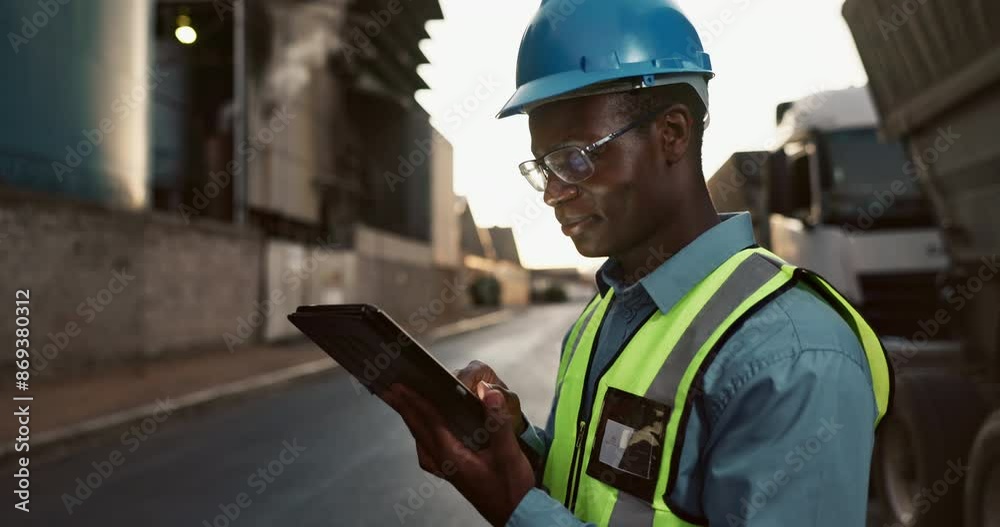 Poster man, civil engineering and tablet for building inspection or architecture maintenance, development o