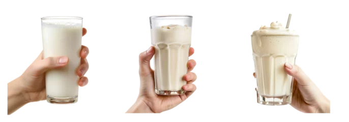  Hands Holding Glasses of Delicious Milkshakes and Beverages in a Clean Background © Subrata
