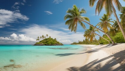 A serene tropical beach with pristine white sand and crystal-clear turquoise water. Palm trees sway gently in the breeze, providing shade along the shoreline.