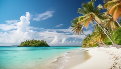 A serene tropical beach with pristine white sand and crystal-clear turquoise water. Palm trees sway gently in the breeze, providing shade along the shoreline.